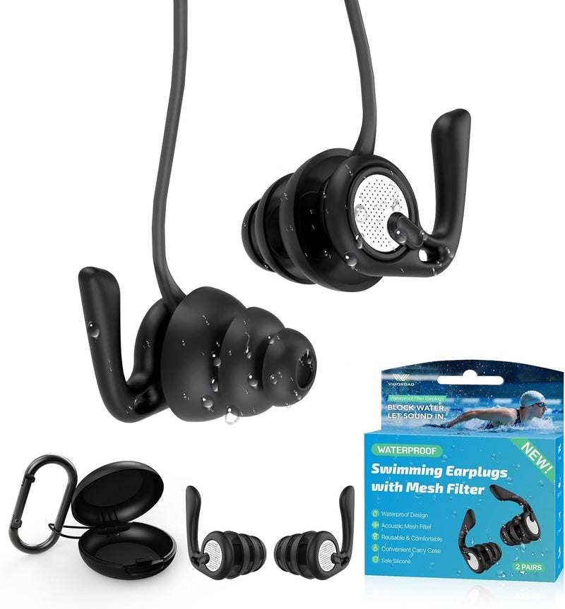 VIGOROAD Swimming Ear Plugs, 2 Pairs Waterproof Reusable Silicone Earplugs with Cord & Case for Swimming, Shower, Bathing, Surfing, Pool and Water Sports, Comfortable Fit for Adults, Teens & Kids 9+ - Image 1